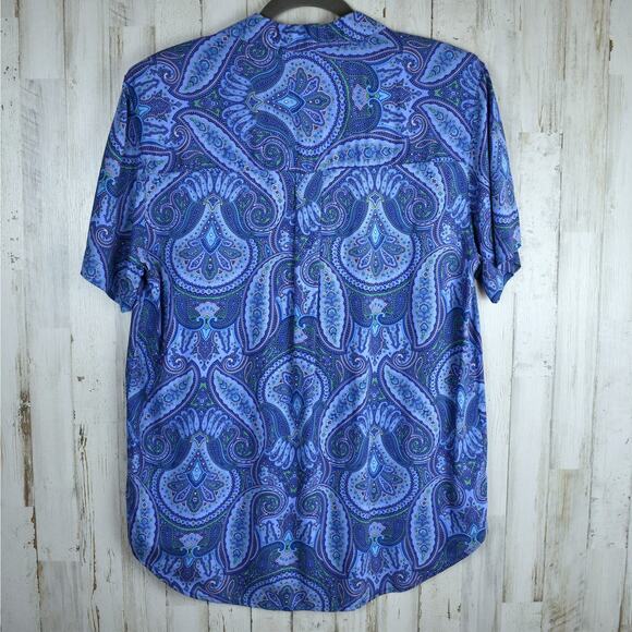 90's vintage blue paisley short sleeve button up blouse shirt top small medium - Picture 7 of 7